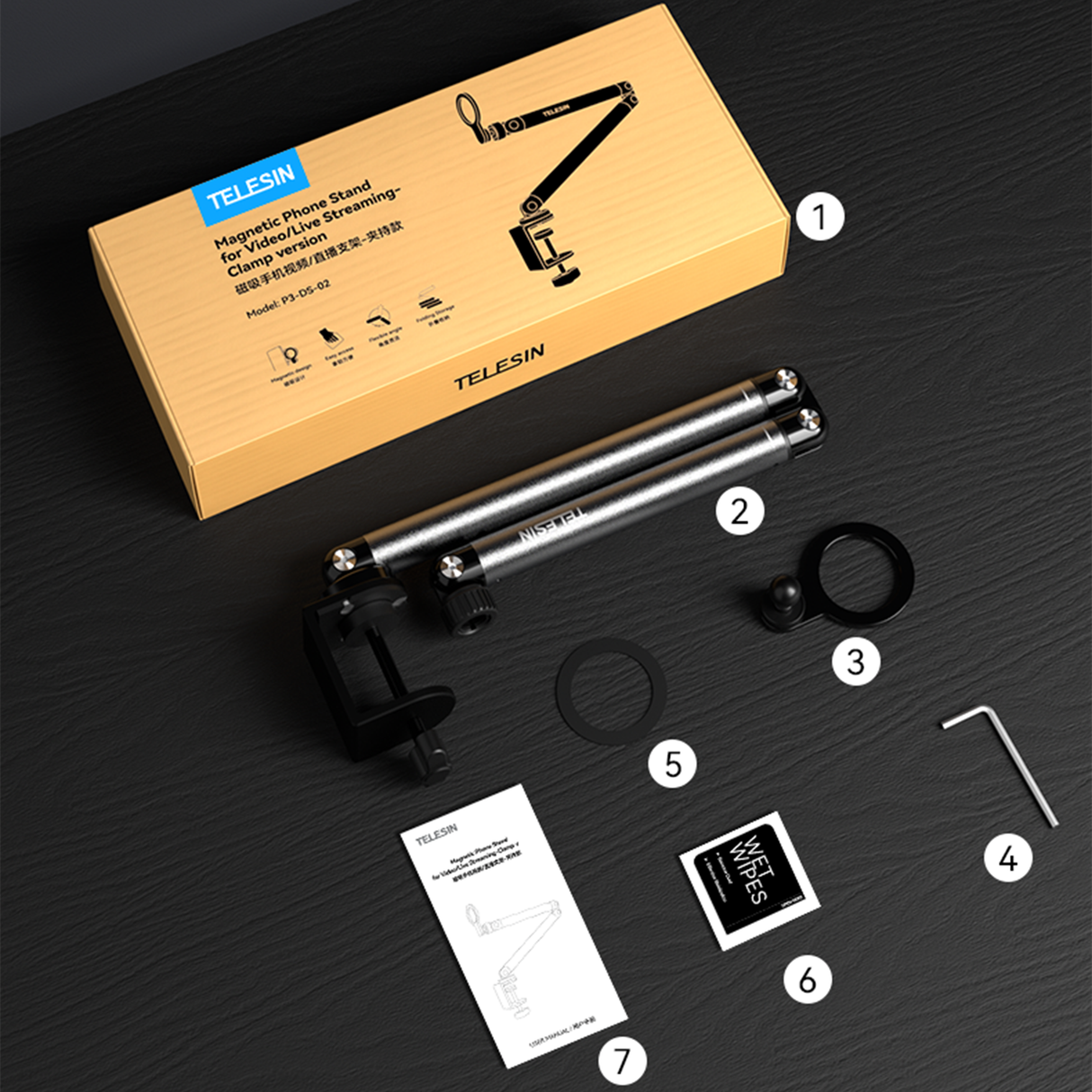 Magnetic Desktop Phone Stand – Adjustable Clamp Holder for Mobile Video, Live Streaming & Overhead Shooting by TELESIN