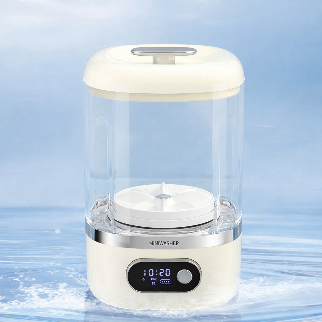 Small white mini washer with digital display on a light blue background