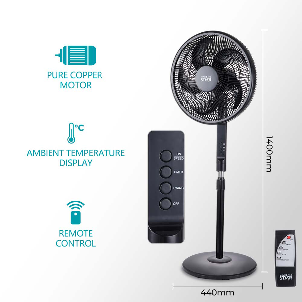 Modern Electric Standing Fan 16 Inch with 3 Speeds & Temperature Display (ST-4204) by Winning Star | Cooling Fan | SASKA Trading