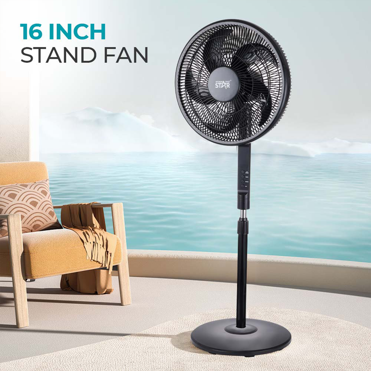 Modern Electric Standing Fan 16 Inch with 3 Speeds & Temperature Display (ST-4204) by Winning Star | Cooling Fan | SASKA Trading