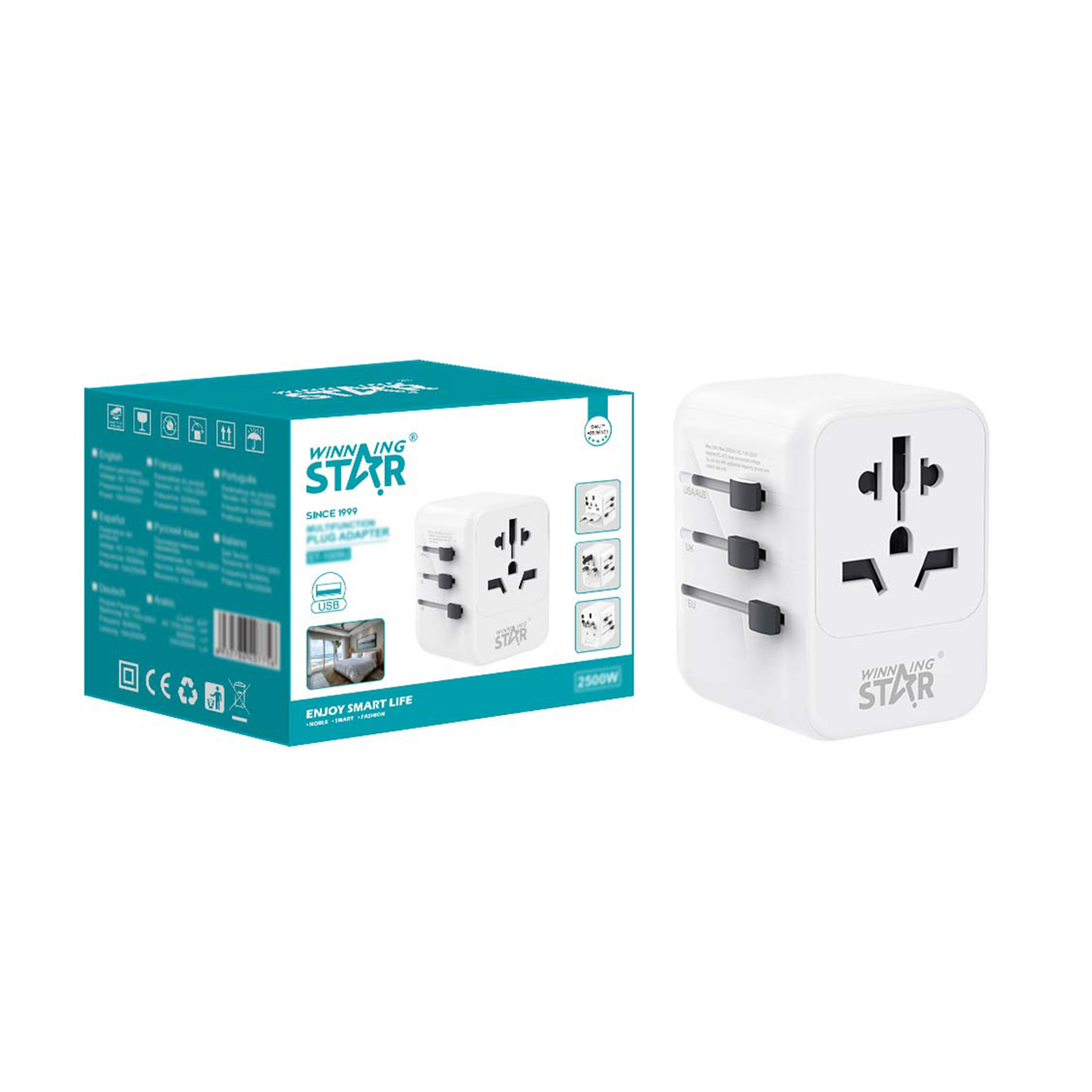 Multifunctional Travel Socket ST-1009U 2500W with 5 Ports, USB & Type-C by Winning Star | Universal Socket | SASKA Trading