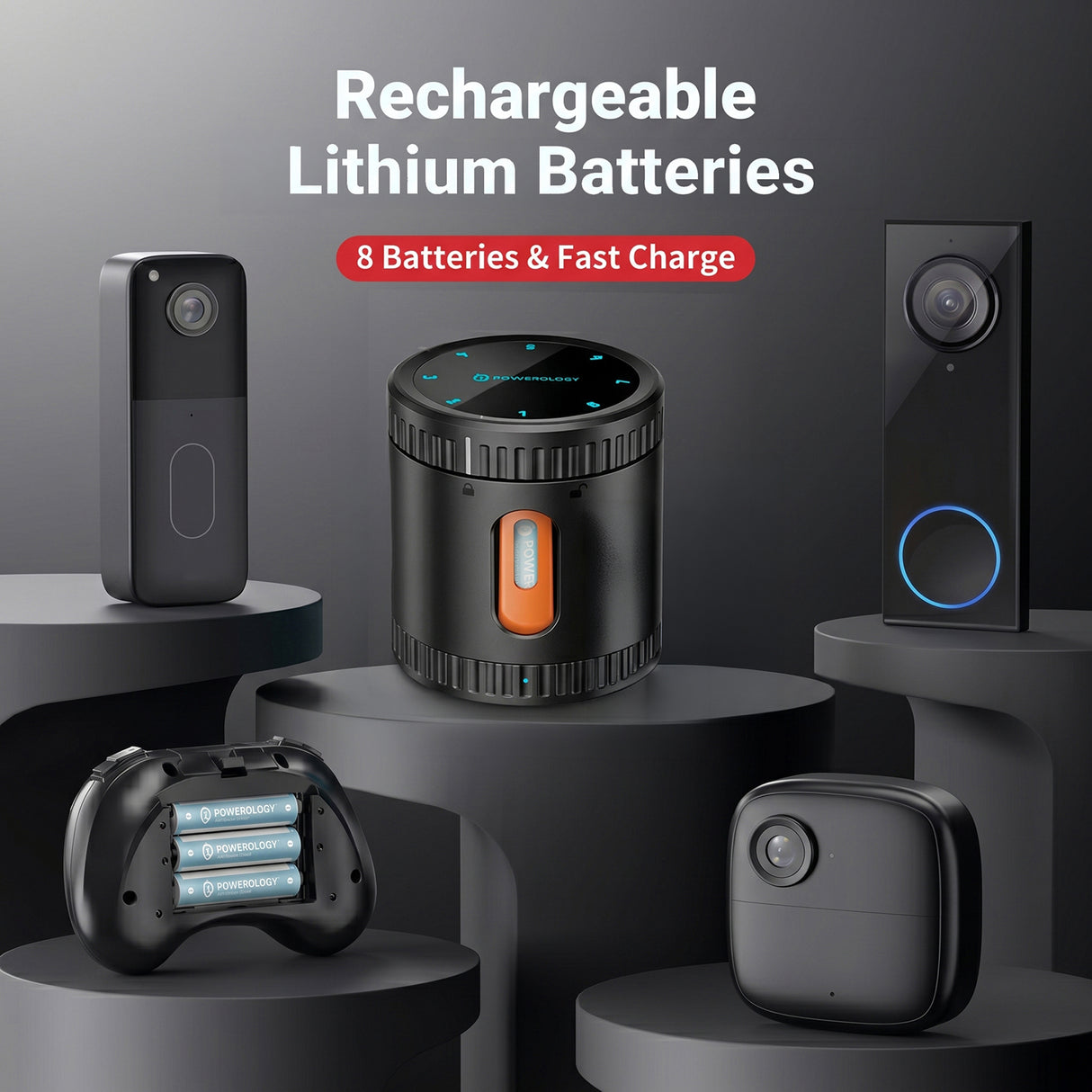 Neon Smart Battery Charging Case with 8 Rechargeable AA Batteries, USB-C Fast Charging & LED Display by Powerology