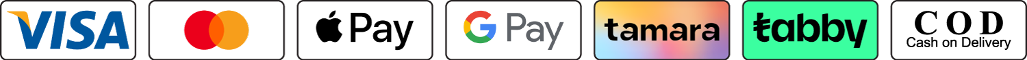 Logos of Visa, Mastercard, Apple Pay, Google Pay, Tamara, Tabby, and COD on a colorful background