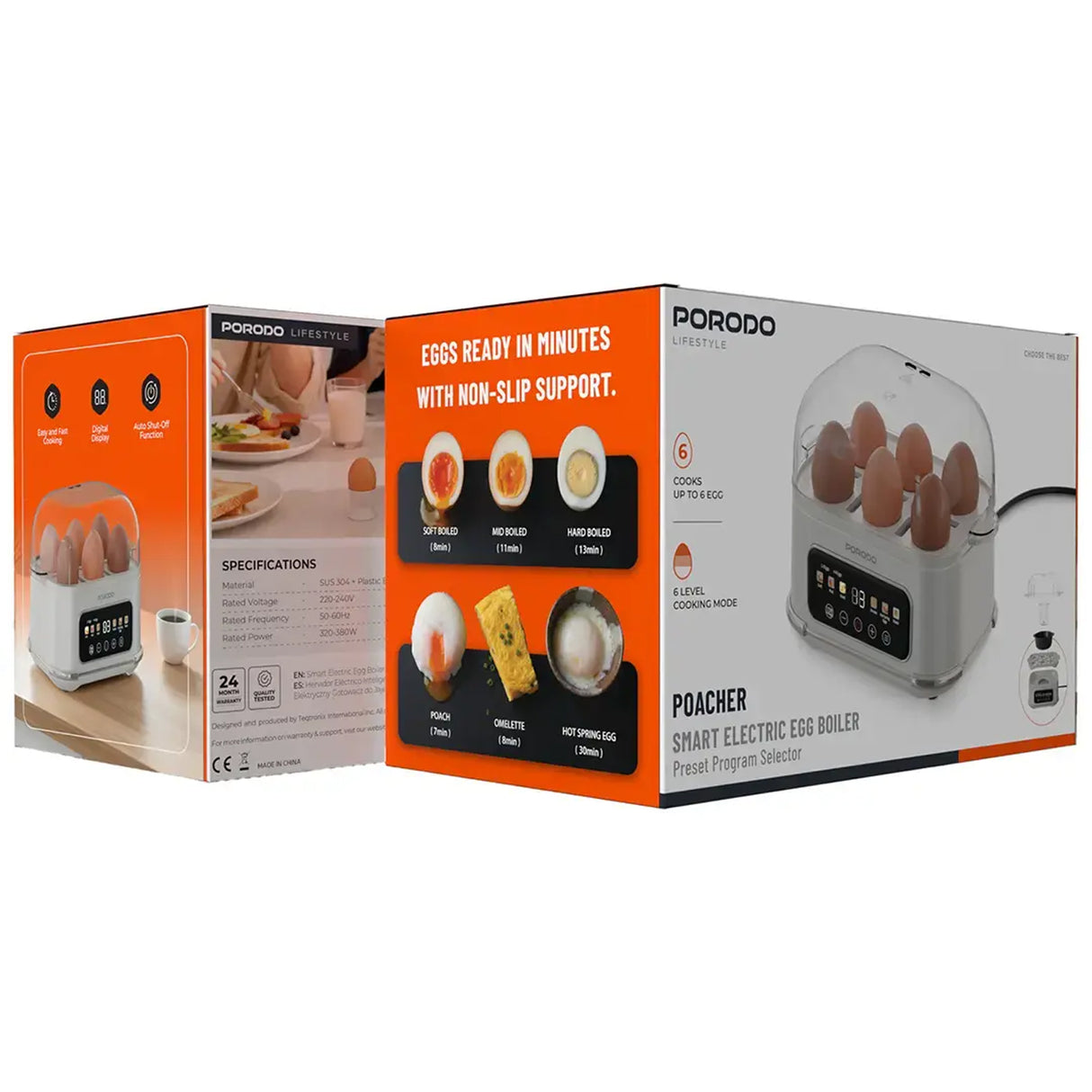 Poacher جهاز سلق البيض الكهربائي الذكي مع محدد البرنامج، سعة 6 بيضات وإيقاف تلقائي من Porodo