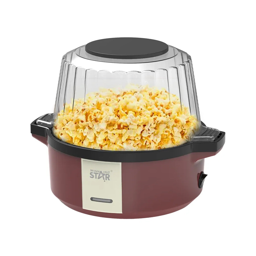Popcorn maker with popped popcorn inside on a white background