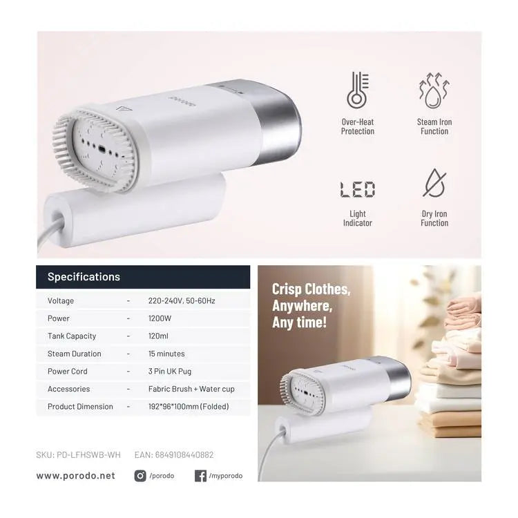 Mini Foldable Steamer 1200W with Fabric Brush by Porodo | Steam Iron | SASKA Trading