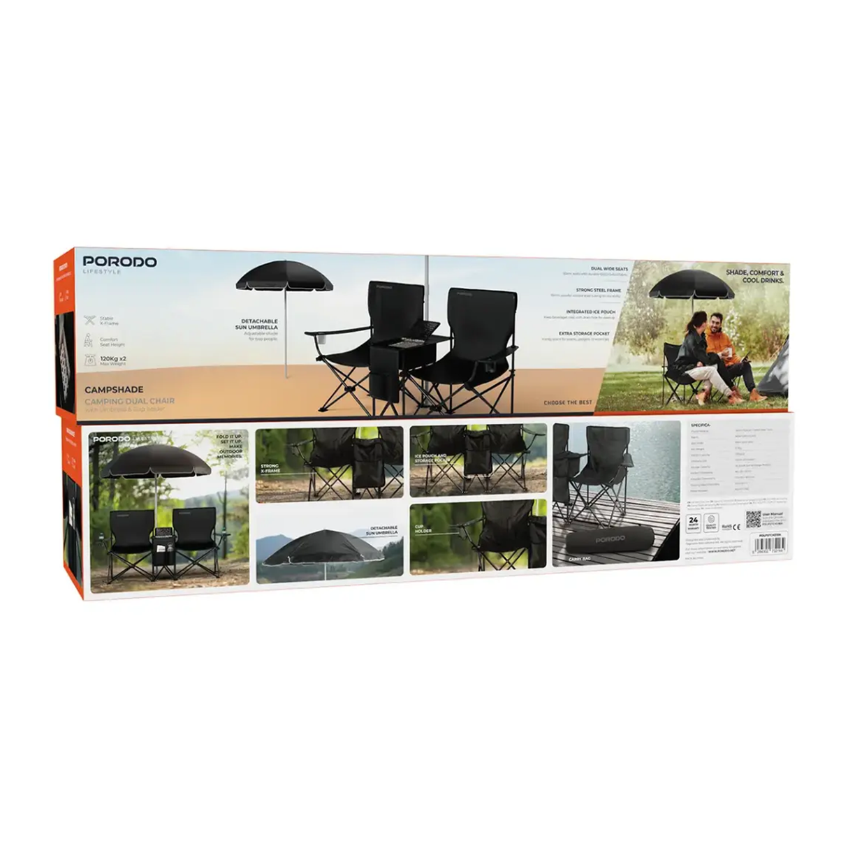 كرسي تخييم مزدوج مع مظلّة وحامل أكواب (CampShade) – كرسي خارجي قابل للطي (أسود) من Porodo
