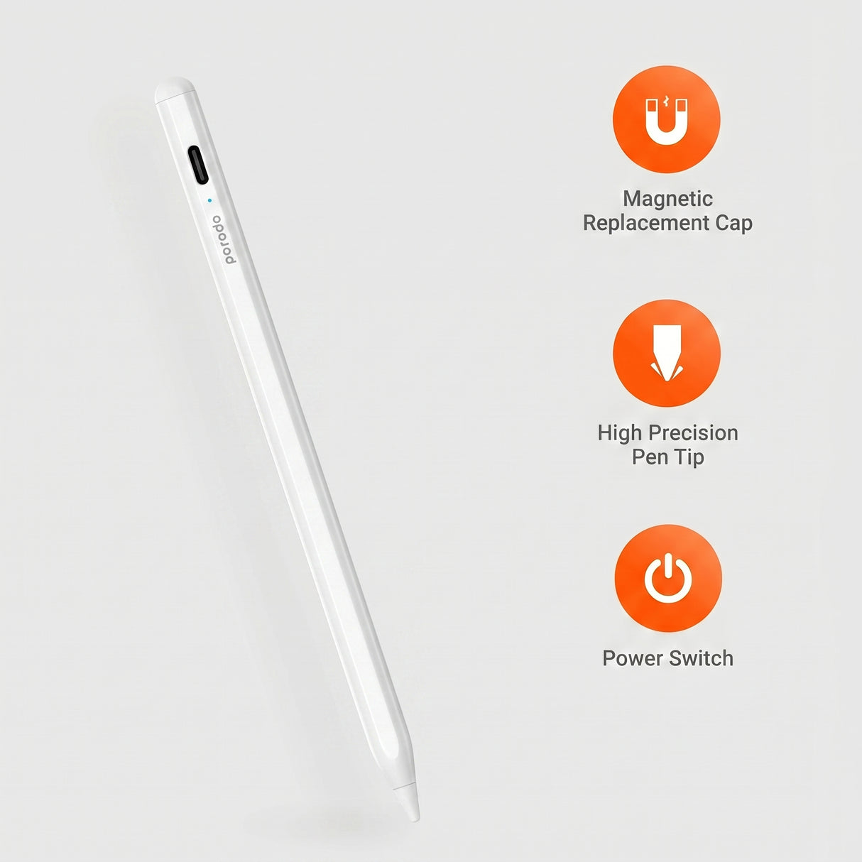 Porodo Universal Pencil – 1.5mm Tip, Double-Tap, Magnetic, Type-C Fast Charge, 10H Battery