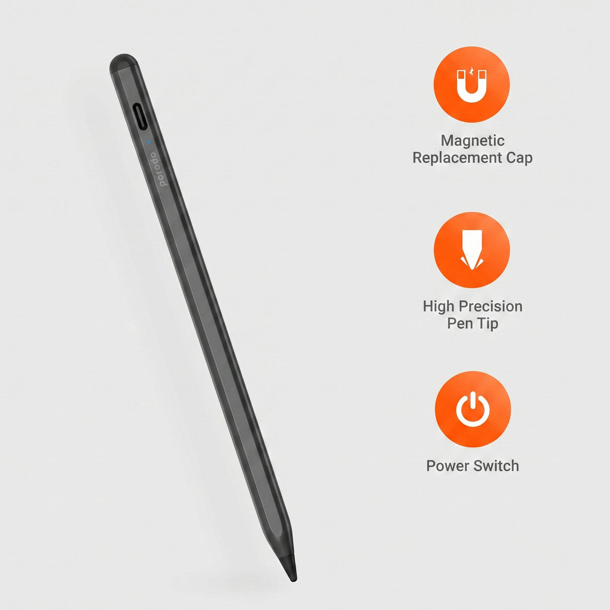 Porodo Universal Pencil – 1.5mm Tip, Double-Tap, Magnetic, Type-C Fast Charge, 10H Battery