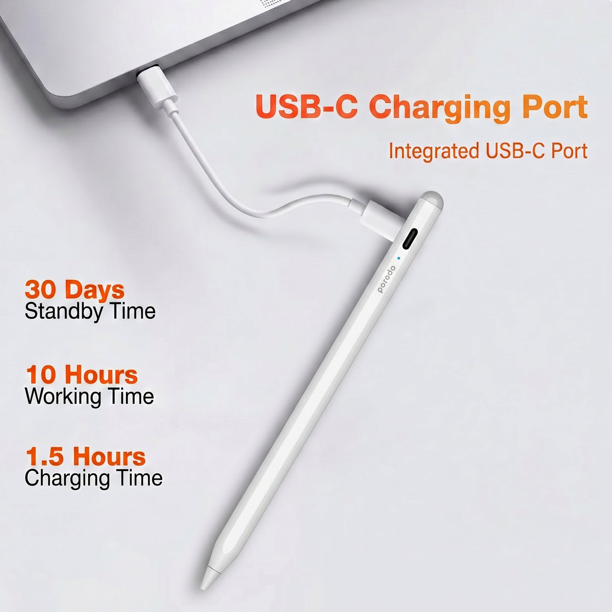 Porodo Universal Pencil – 1.5mm Tip, Double-Tap, Magnetic, Type-C Fast Charge, 10H Battery