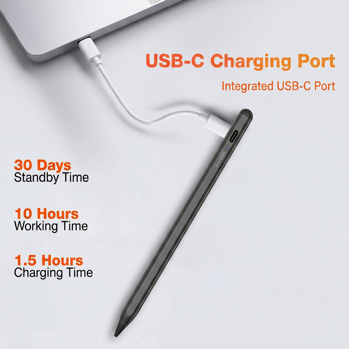 Porodo Universal Pencil – 1.5mm Tip, Double-Tap, Magnetic, Type-C Fast Charge, 10H Battery