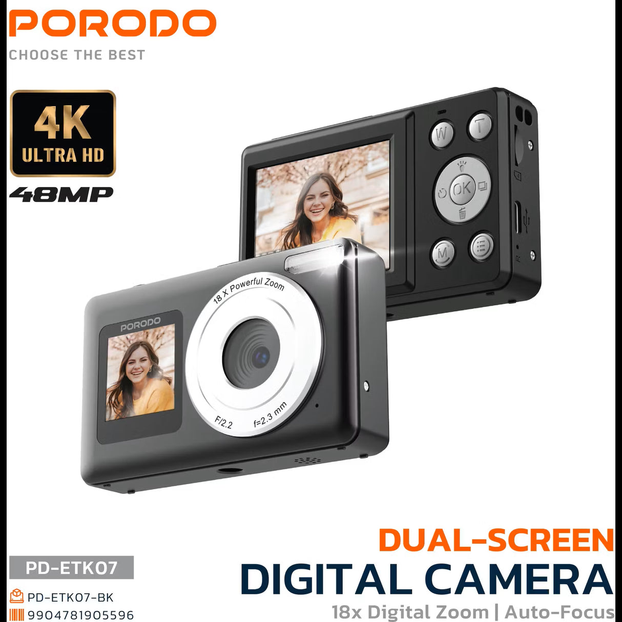 48MP Dual-Screen Mini Digital Camera with 4K Video, 18X Zoom & Autofocus by Porodo