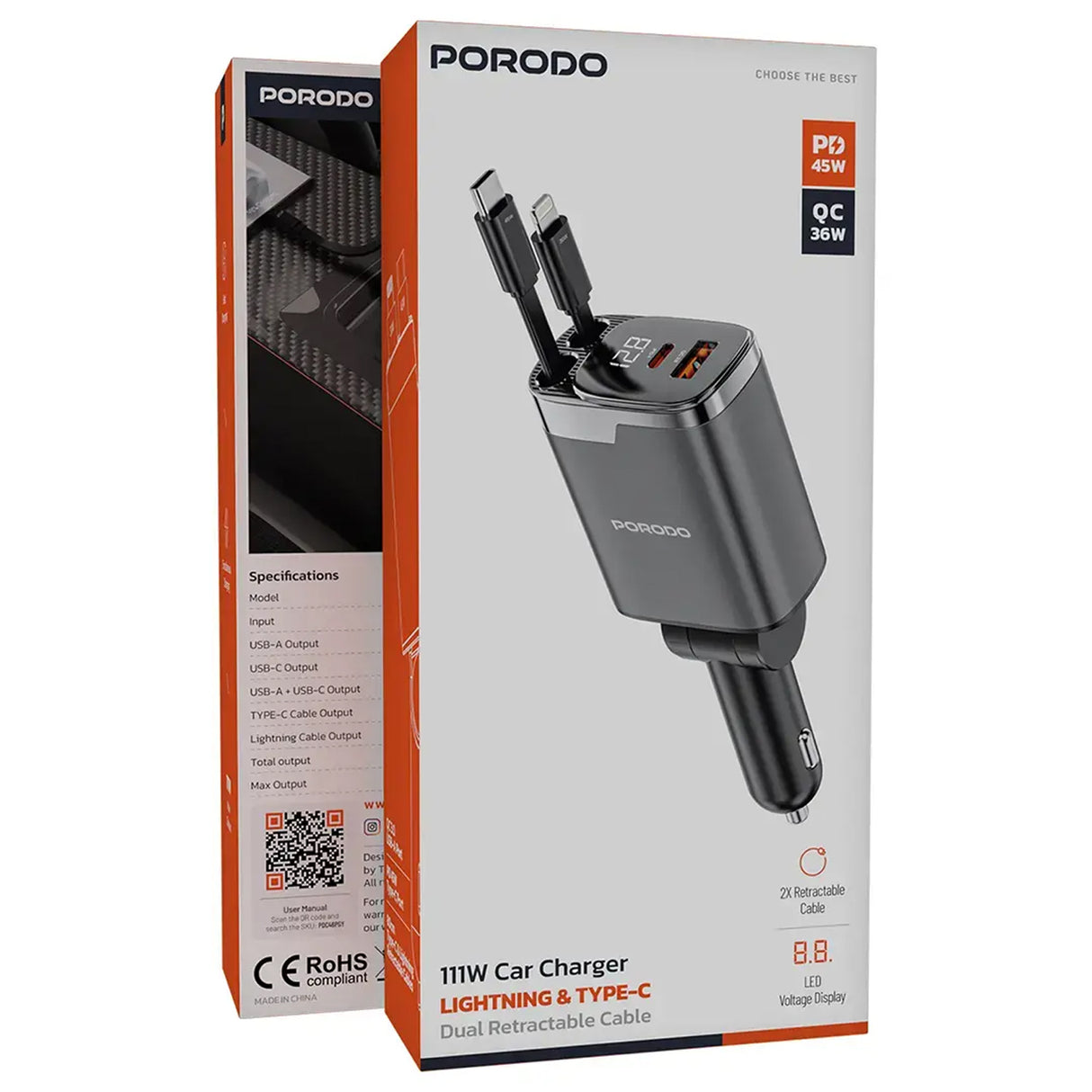 Fast Charging 111W Multi-Port Car Charger with Built-in Type-C and Lightning 80cm Retractable Cables by Porodo