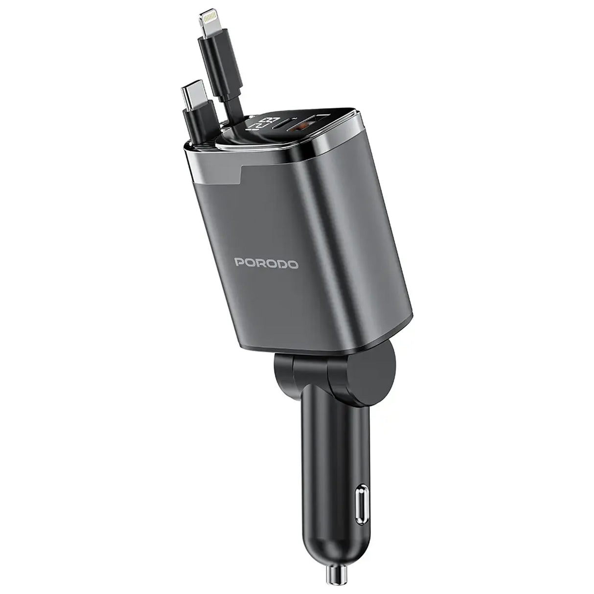Fast Charging 111W Multi-Port Car Charger with Built-in Type-C and Lightning 80cm Retractable Cables by Porodo