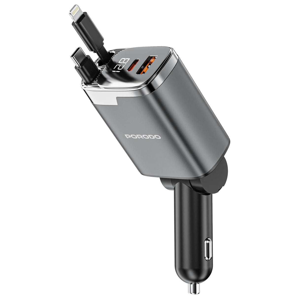 Fast Charging 111W Multi-Port Car Charger with Built-in Type-C and Lightning 80cm Retractable Cables by Porodo