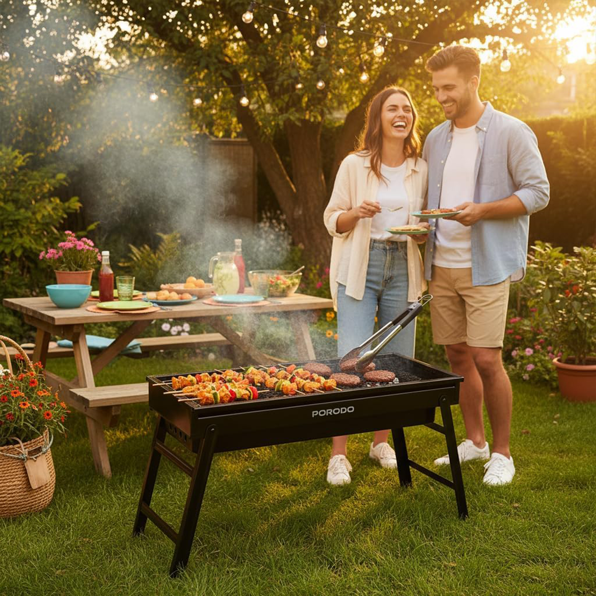 شواية فحم محمولة للطهي في الهواء الطلق، تصميم قابل للطي من Porodo