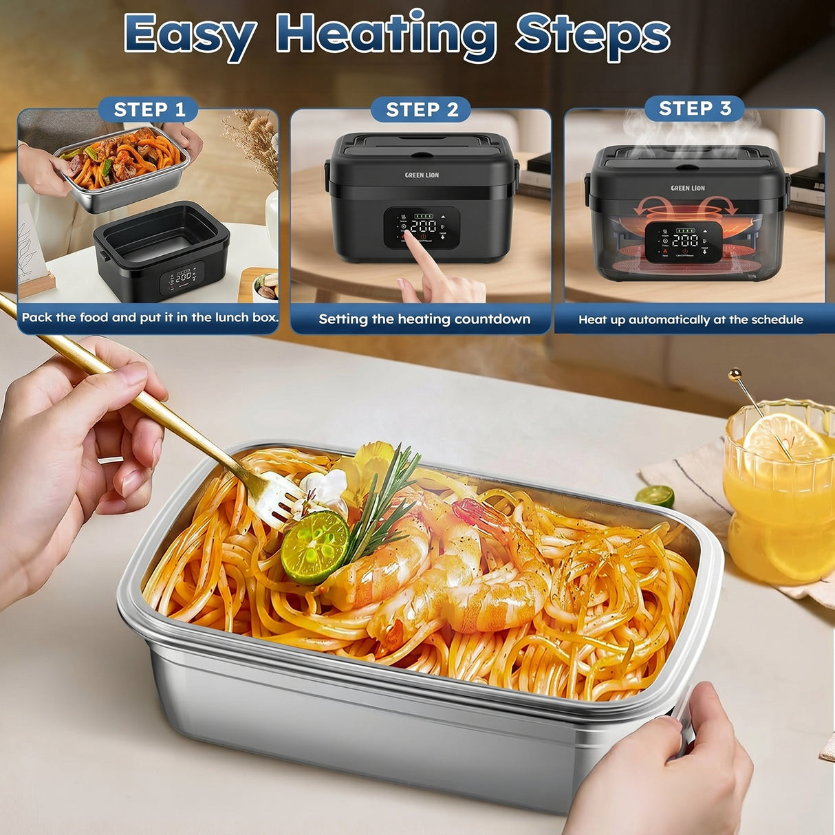 Portable Electric Lunch Box 1L with 8000mAh Battery, Digital Touch Screen & USB-C Fast Charging by Green Lion