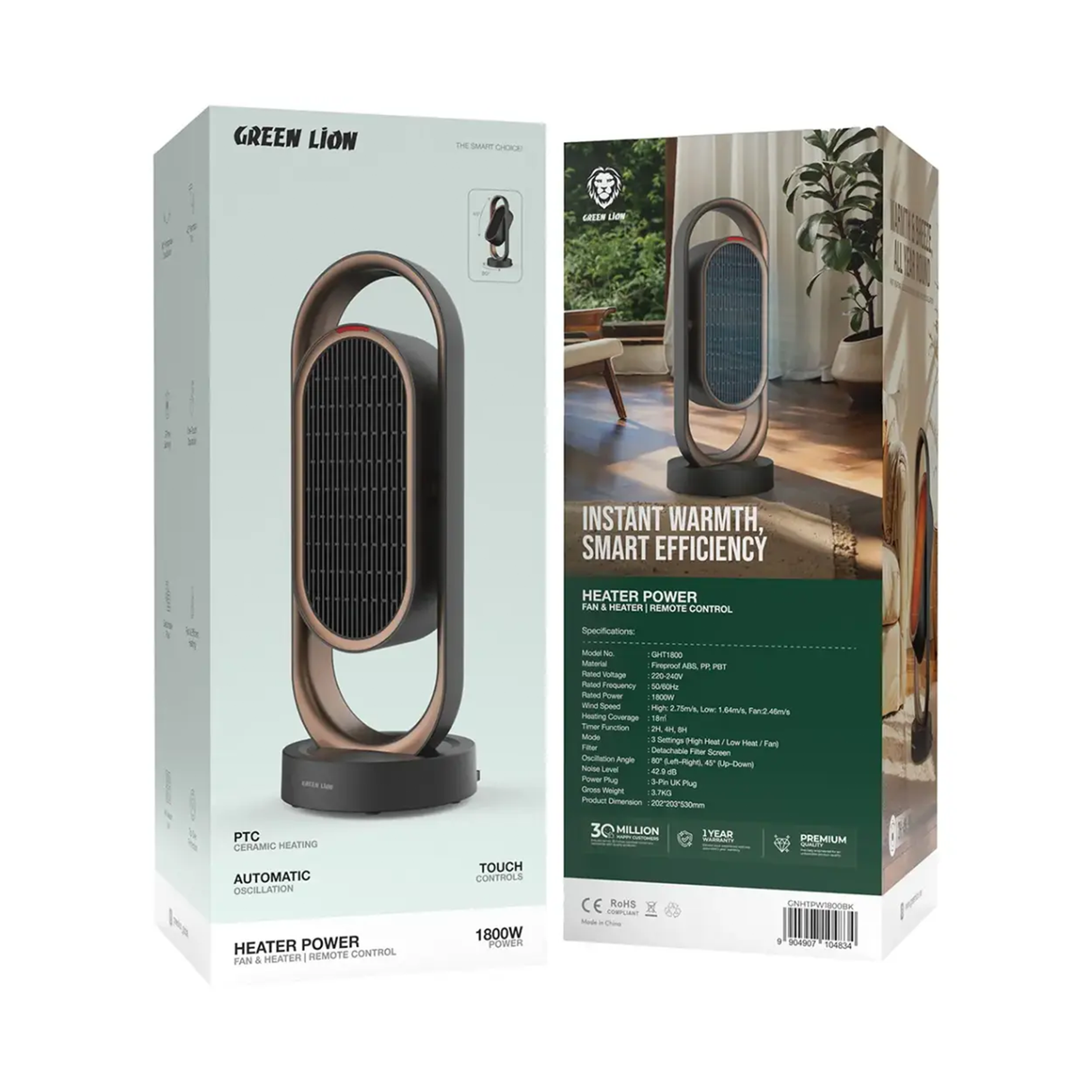 Power Fan Heater with Remote Control – 1800W Portable Space Heater by Green Lion