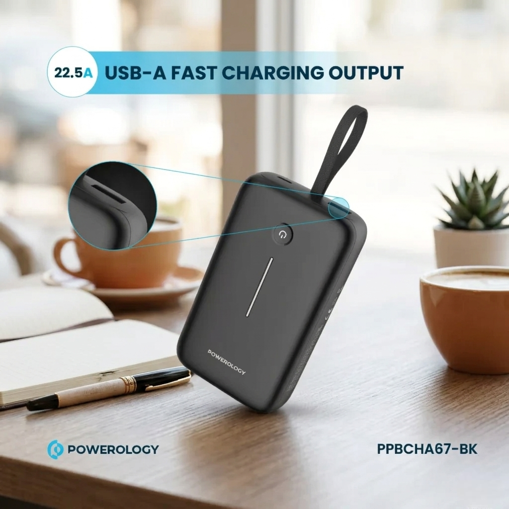 باور بانك بسعة 20000 مللي أمبير مع كابل USB-C مدمج، شحن سريع – شاحن محمول مدمج عالي السعة لثلاثة أجهزة من Powerology