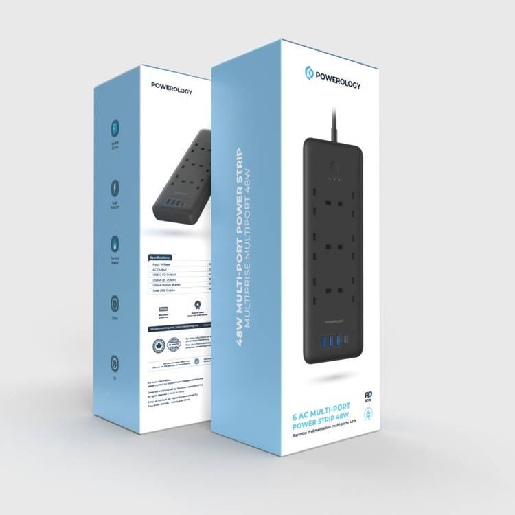 Powerology Power Strip 6 AC 48W USB Black | Power Strip | SASKA Trading