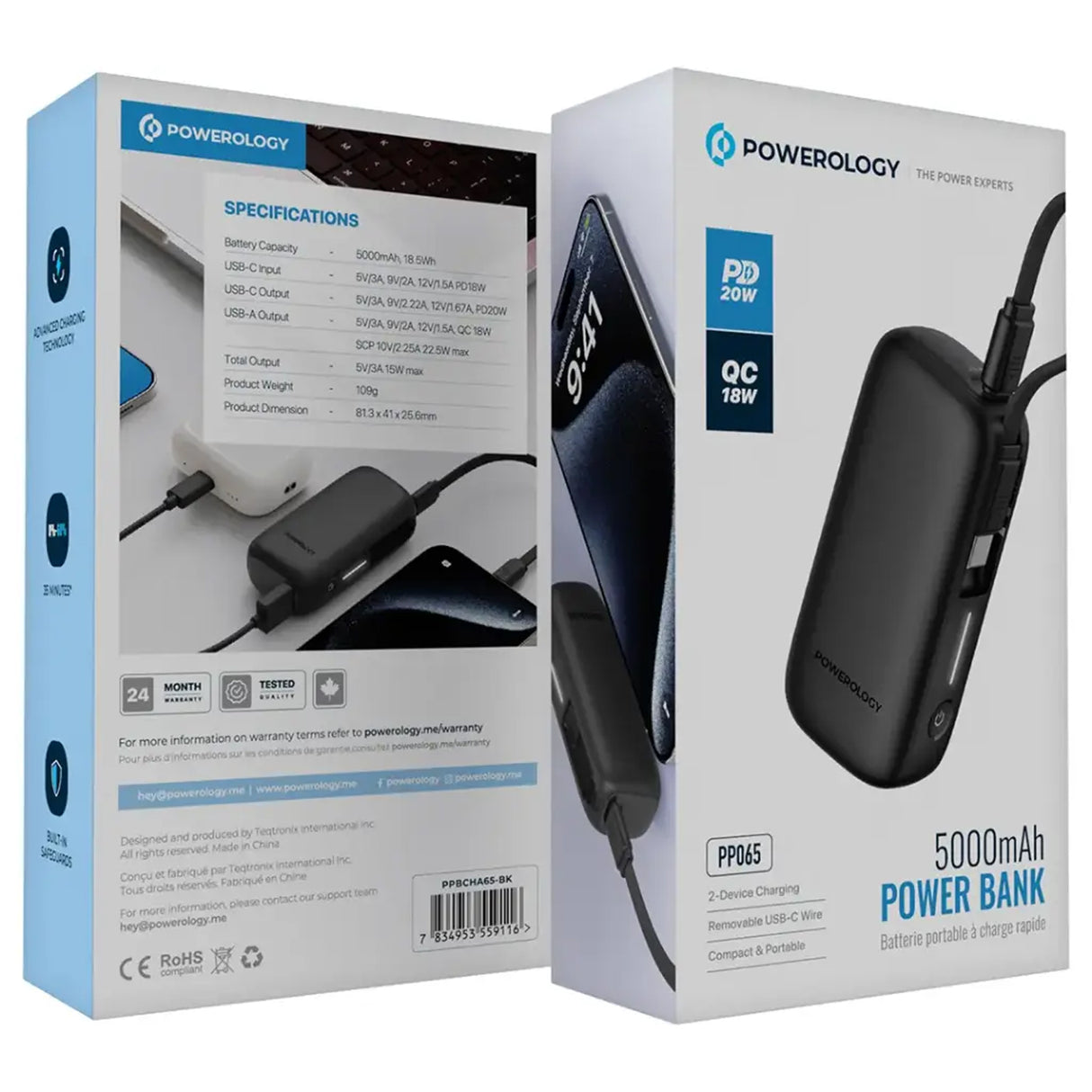 باور بنك PD بقدرة 20 واط وسعة 5000 مللي أمبير، مع USB-C وUSB-A، شحن سريع بحجم مدمج مع كابل Type-C قابل للإزالة من Powerology