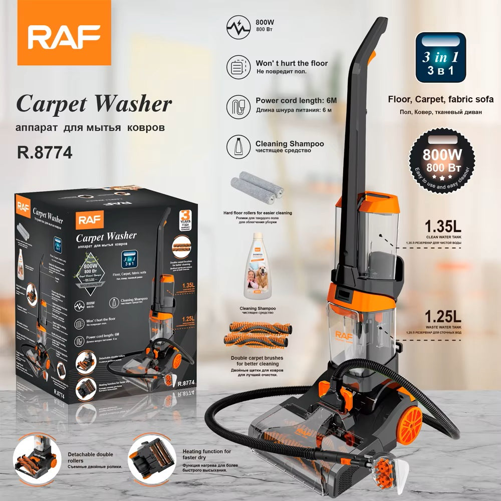 3-in-1 Carpet & Floor Washer Vacuum Cleaner 800W by RAF, Dual Roller Brush, 1.35L Clean Water Tank & 1.25L Dirty Water Tank, Carpet Cleaner for Home & Car