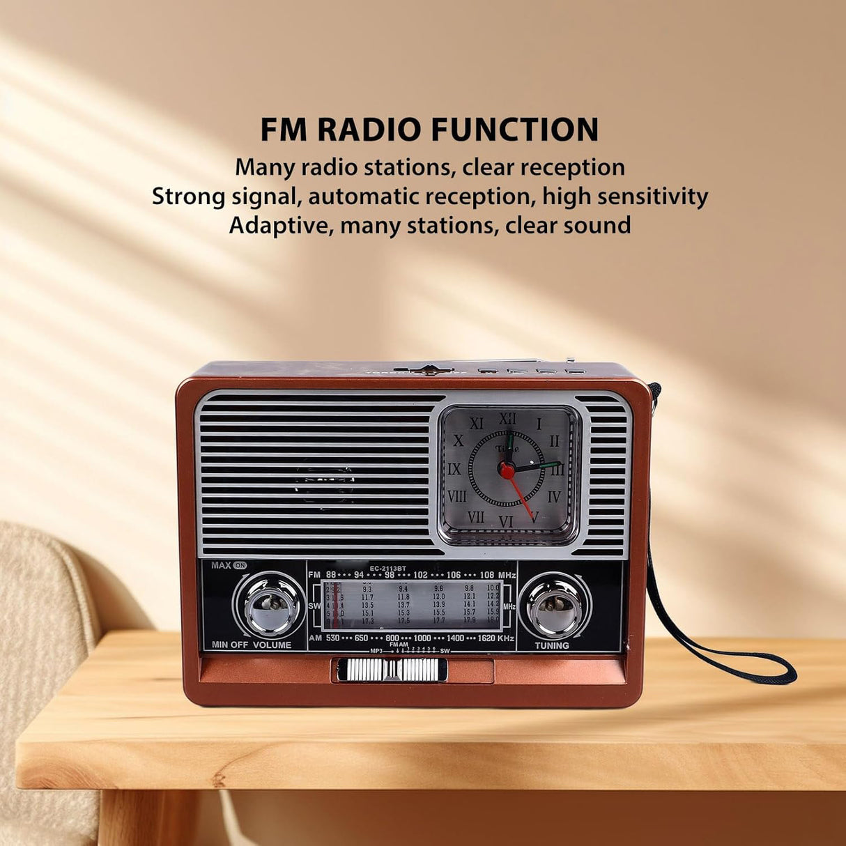 راديو سماعة بلوتوث ريترو محمول مع كشاف LED، راديو FM/AM/SW، تشغيل USB وTF، ساعة مدمجة من DENX
