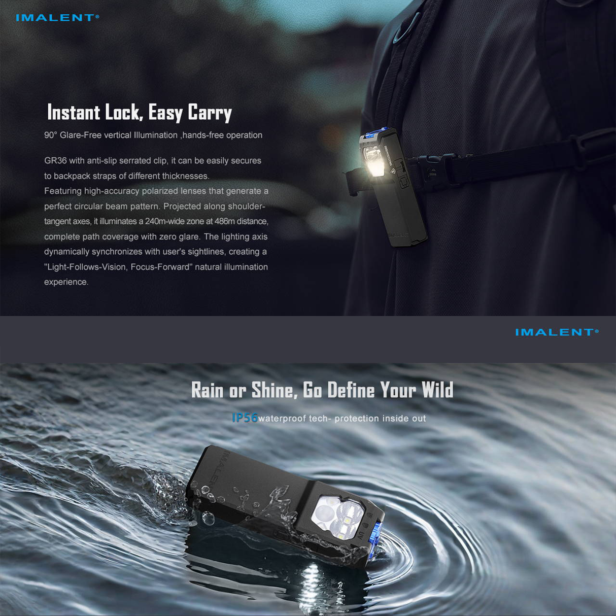 كشاف كليب احترافي 3-في-1 بقوة 2800 لومن GR36، قابل للشحن USB-C، بإضاءة بيضاء دافئة وباردة و UV، قاعدة مغناطيسية ومقاومة للماء من IMALENT