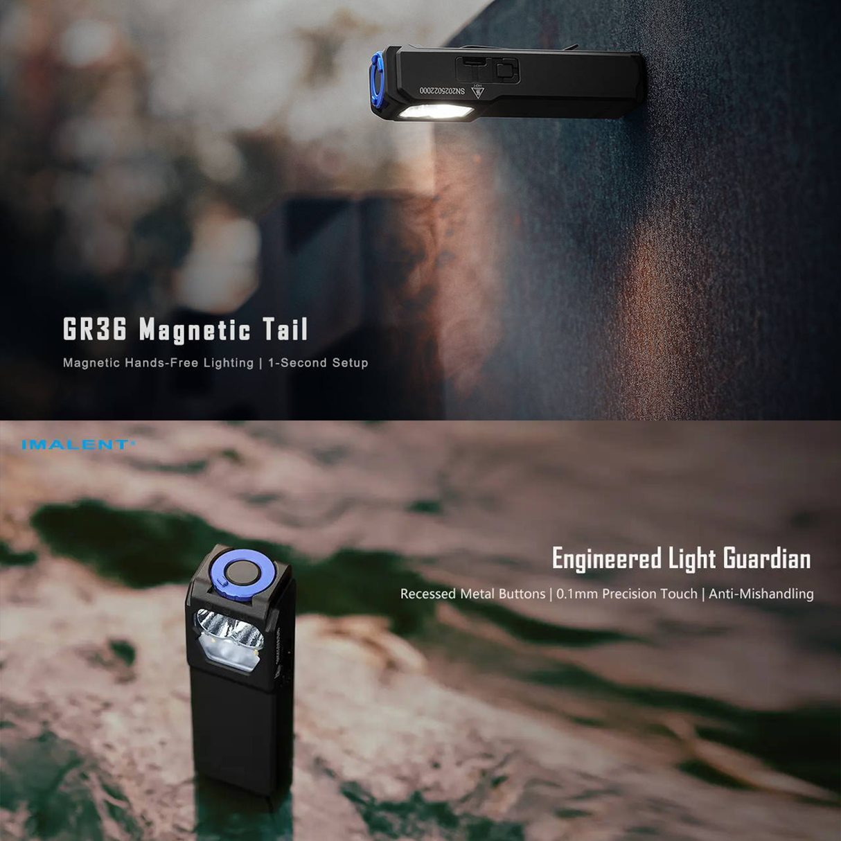 كشاف كليب احترافي 3-في-1 بقوة 2800 لومن GR36، قابل للشحن USB-C، بإضاءة بيضاء دافئة وباردة و UV، قاعدة مغناطيسية ومقاومة للماء من IMALENT