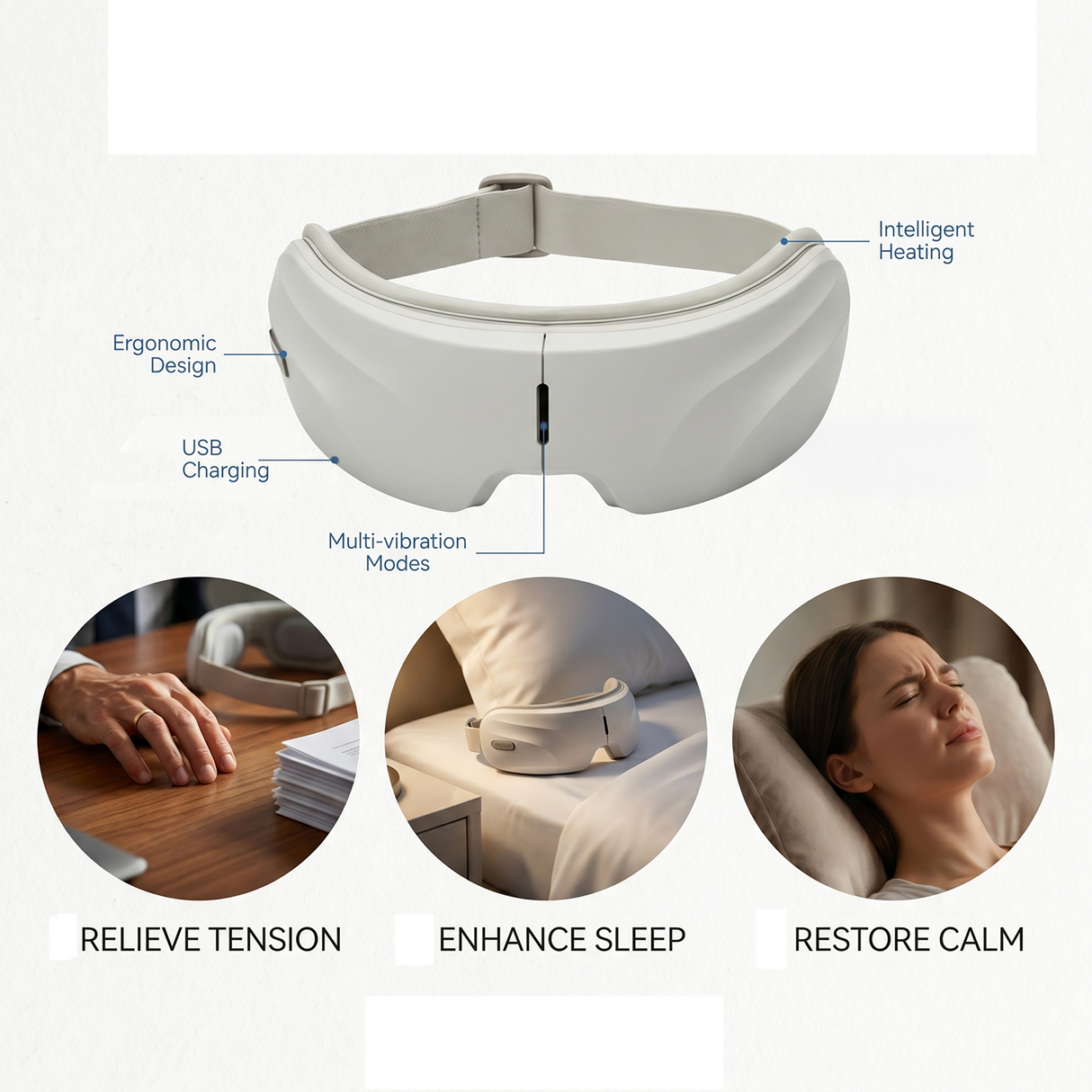 Rechargeable Smart Eye Massager with Heat and Bluetooth Music 1200mAh Battery and 180° Foldable by Porodo