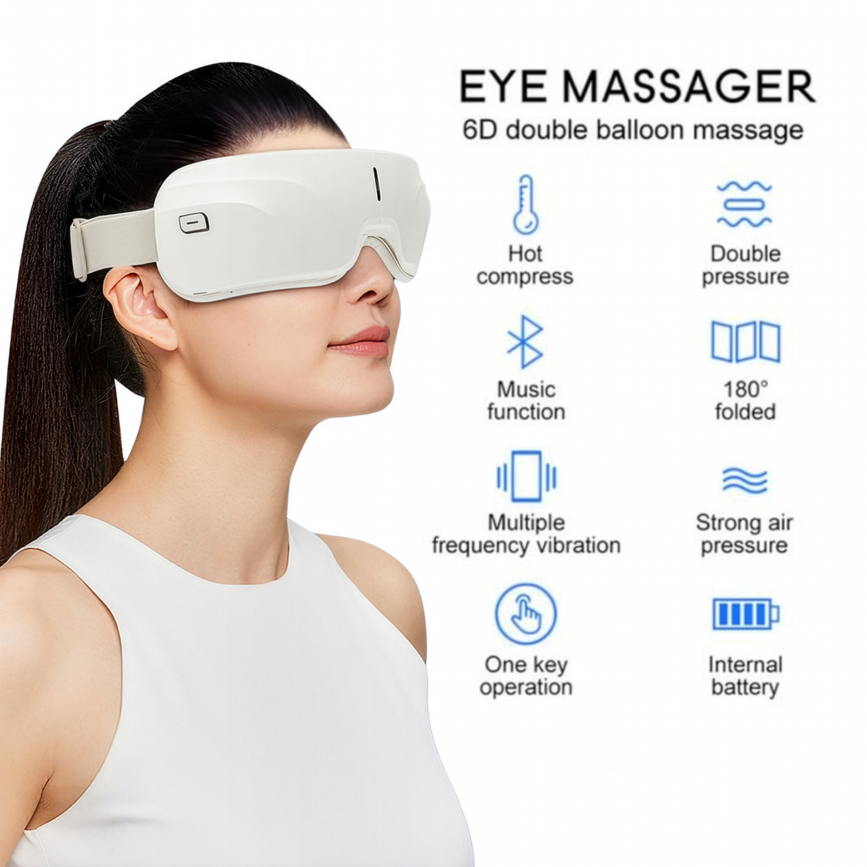 Rechargeable Smart Eye Massager with Heat and Bluetooth Music 1200mAh Battery and 180° Foldable by Porodo