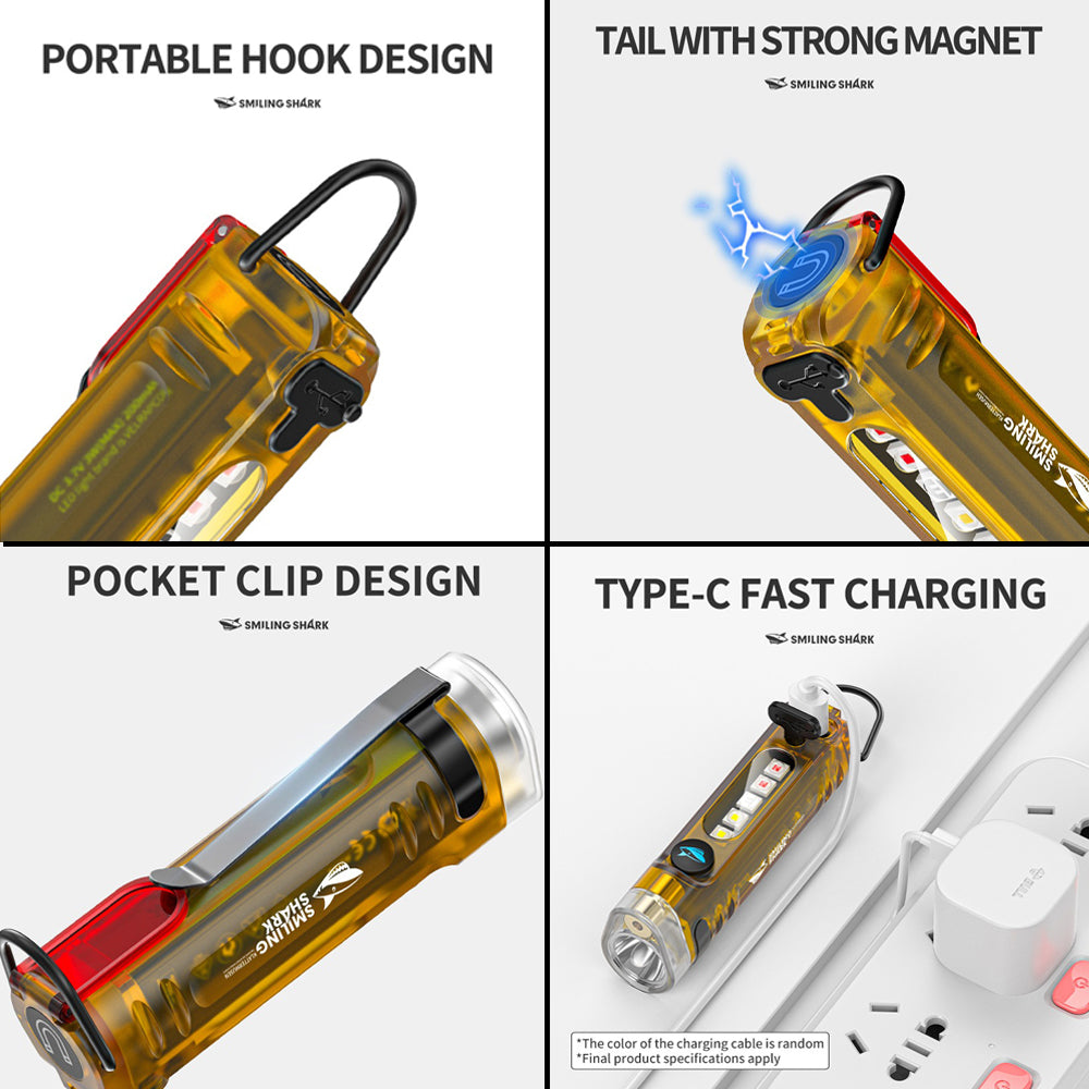 Mini Flashlight Keychain LED 8Mode COB Laser Type-C Rechargeable by SMILING SHARK
