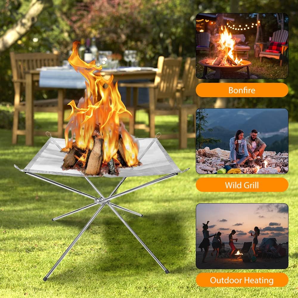 Portable Outdoor Camping Fire Pit, 22", With Bag, Stainless Steel Stand by Green Lion