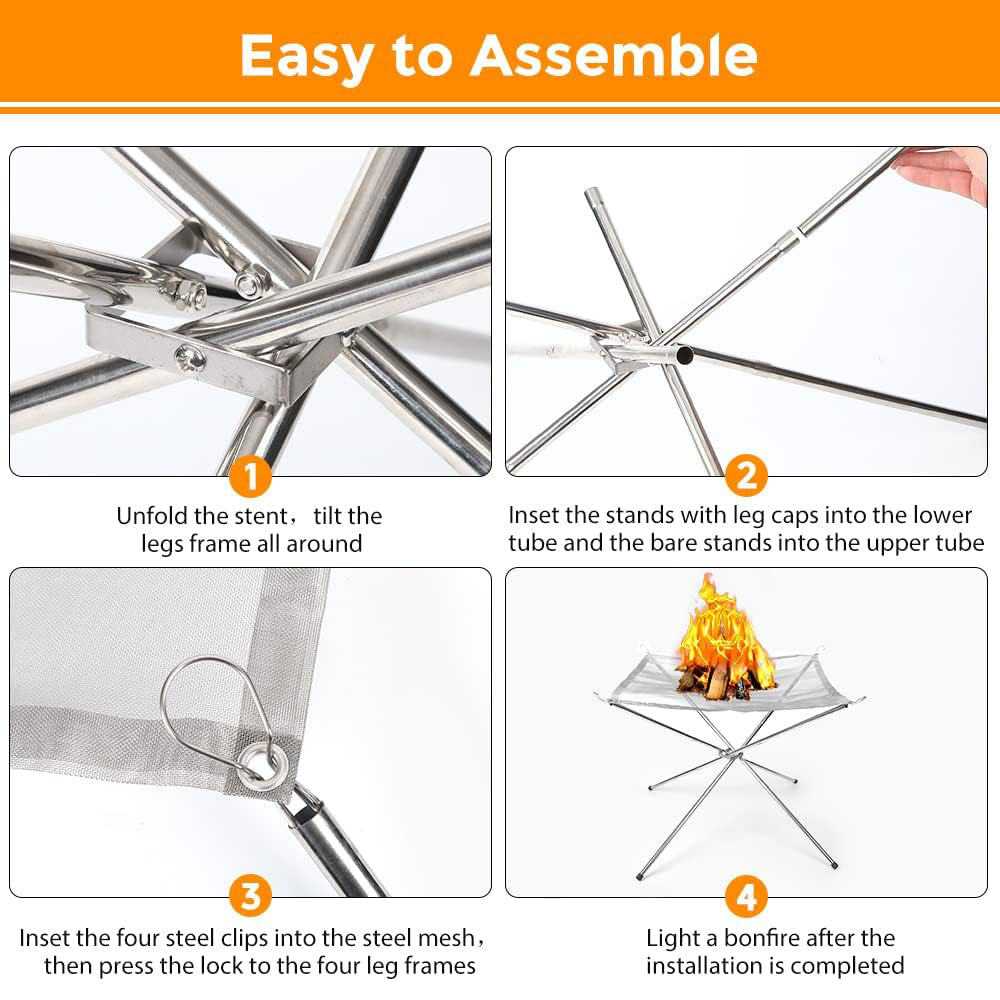 Portable Outdoor Camping Fire Pit, 22", With Bag, Stainless Steel Stand by Green Lion