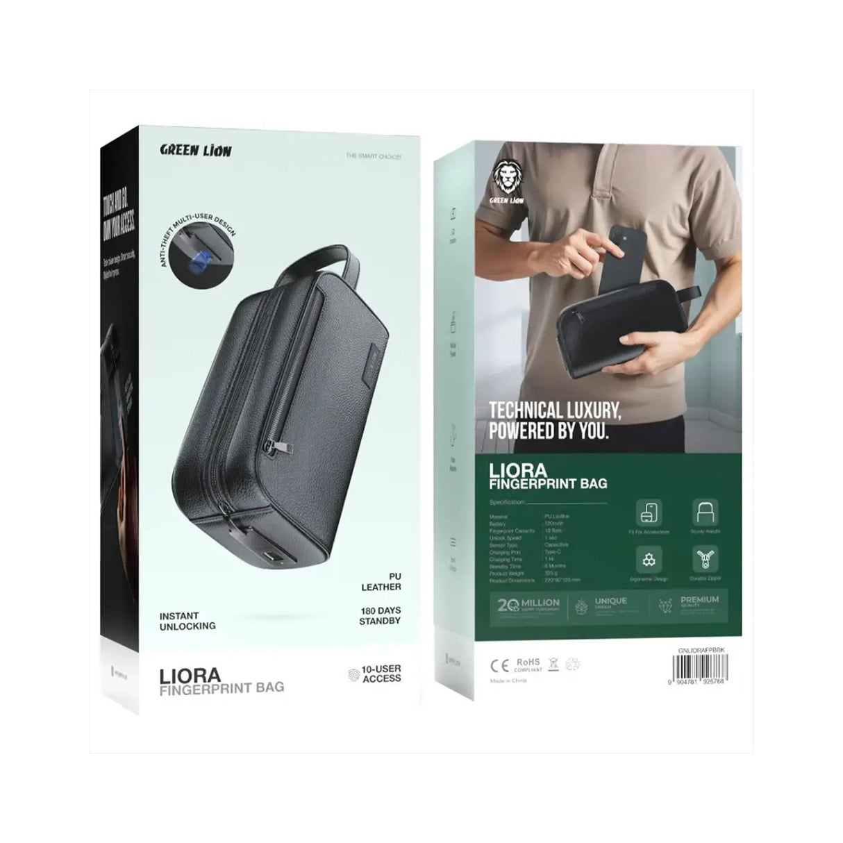 حقيبة بصمة الأصبع، مصنوعة من جلد البولي يوريثان بقفل ذكي وآمن مضاد للسرقة - من Green Lion