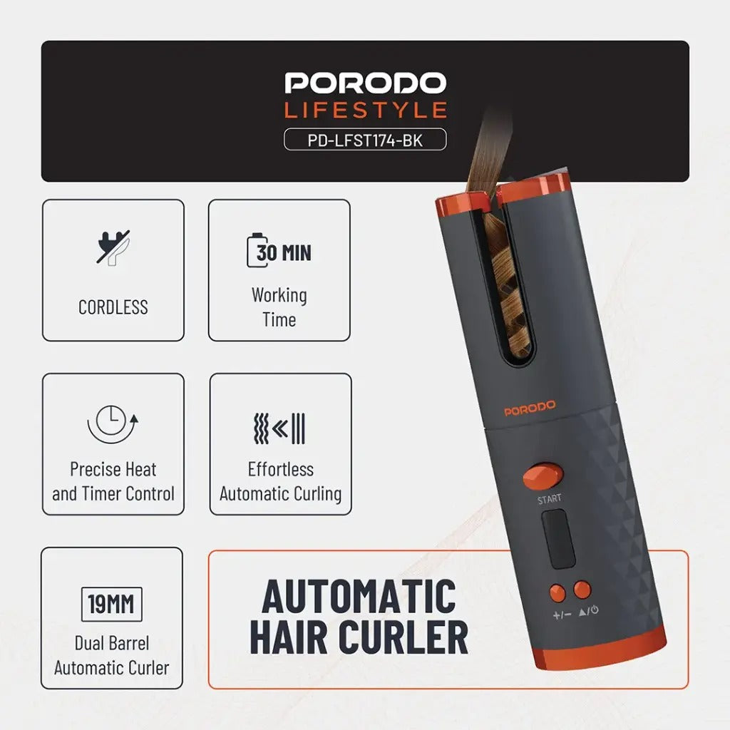 Automatic Cordless Hair Curler – Effortless Healthy & Shiny Curls and Waves, Preset Temperature Settings By Porodo