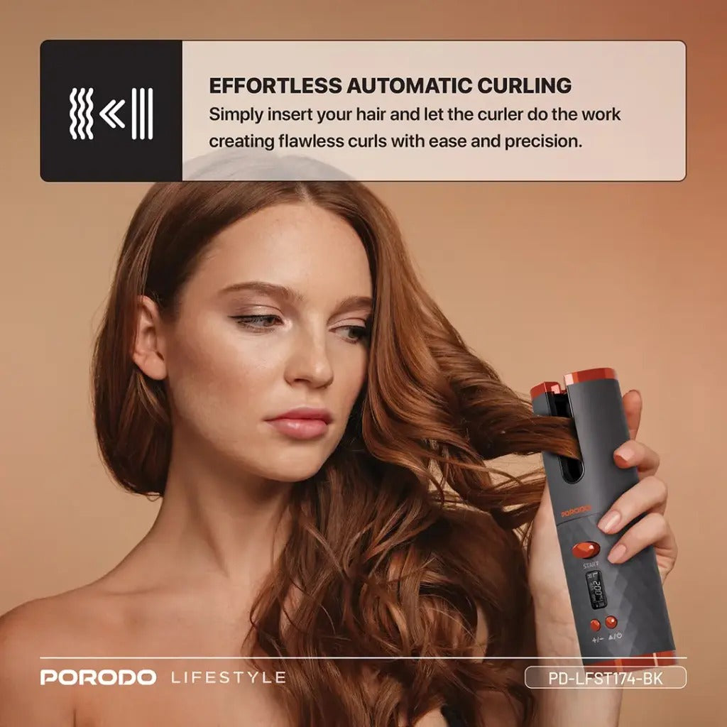 Automatic Cordless Hair Curler – Effortless Healthy & Shiny Curls and Waves, Preset Temperature Settings By Porodo