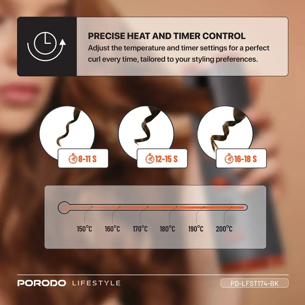 Automatic Cordless Hair Curler – Effortless Healthy & Shiny Curls and Waves, Preset Temperature Settings By Porodo