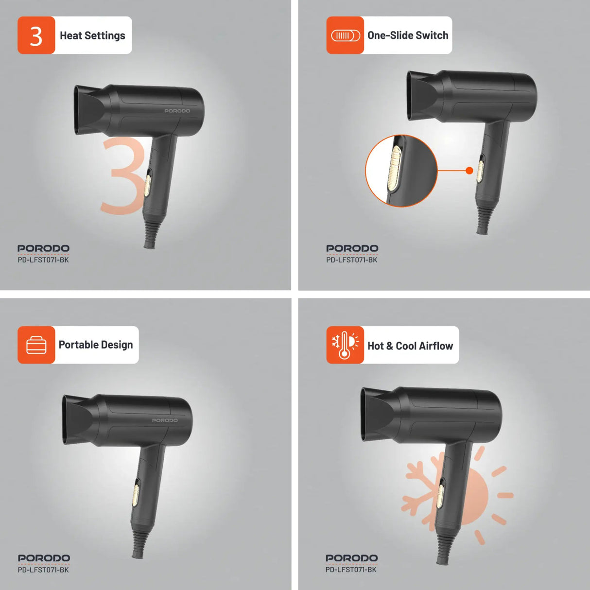 مجفف شعر قابل للطي من لايف ستايل، بقوة 1200 واط - صغير الحجم وسهل الحمل - 3 إعدادات حرارة من Porodo