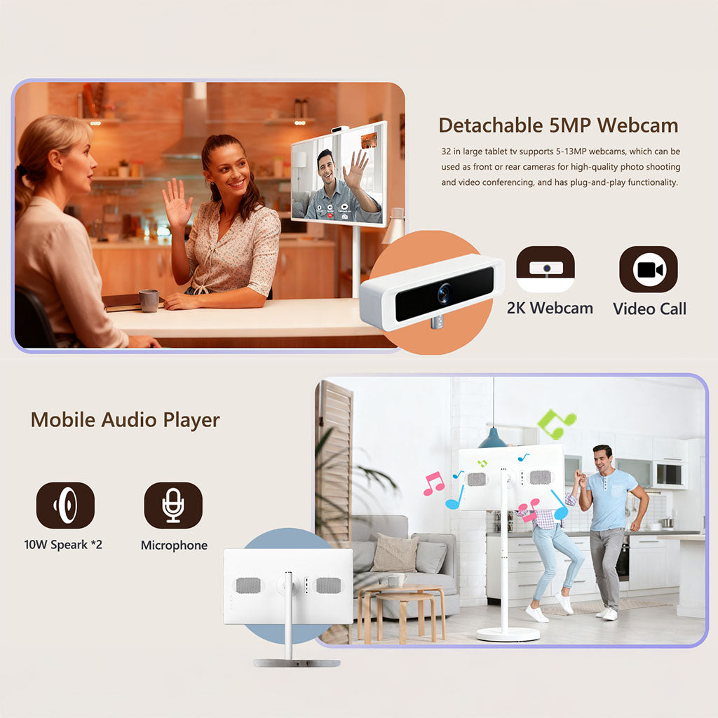 32-Inch Portable Smart TV on Wheels – 1080P Touchscreen Display, Android 15, 8GB RAM + 128GB Storage, Built-in Webcam and Speakers