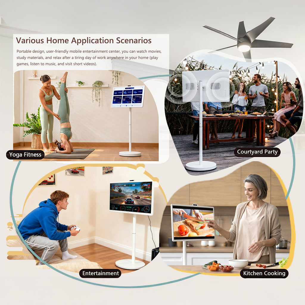 32-Inch Portable Smart TV on Wheels – 1080P Touchscreen Display, Android 15, 8GB RAM + 128GB Storage, Built-in Webcam and Speakers