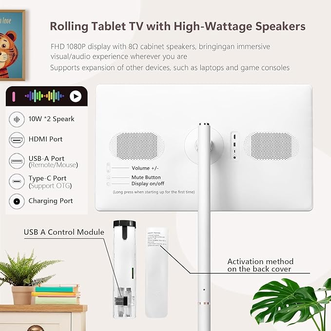 32-Inch Portable Smart TV on Wheels – 1080P Touchscreen Display, Android 15, 8GB RAM + 128GB Storage, Built-in Webcam and Speakers