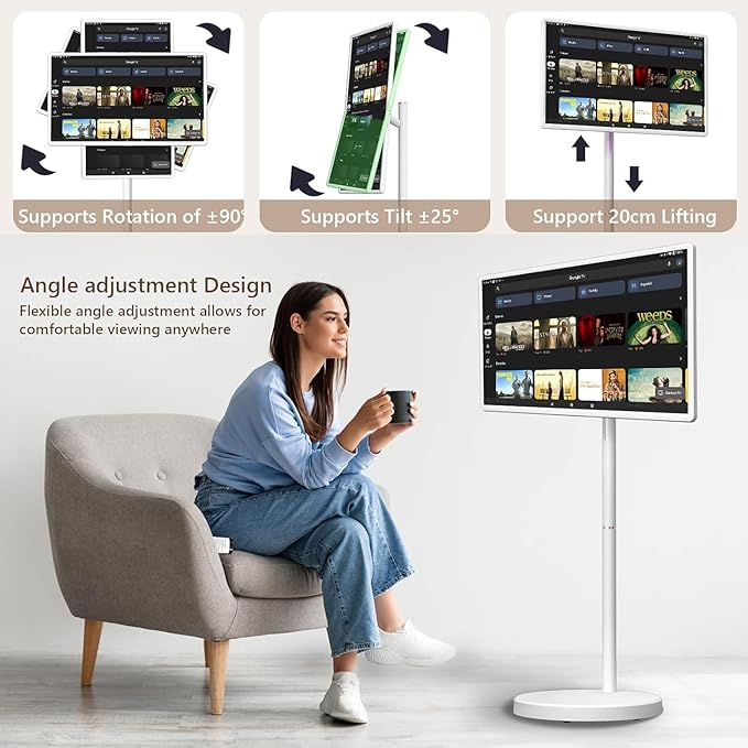 32-Inch Portable Smart TV on Wheels – 1080P Touchscreen Display, Android 15, 8GB RAM + 128GB Storage, Built-in Webcam and Speakers