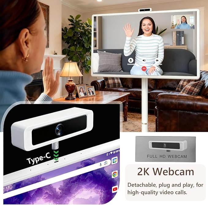 32-Inch Portable Smart TV on Wheels – 1080P Touchscreen Display, Android 15, 8GB RAM + 128GB Storage, Built-in Webcam and Speakers