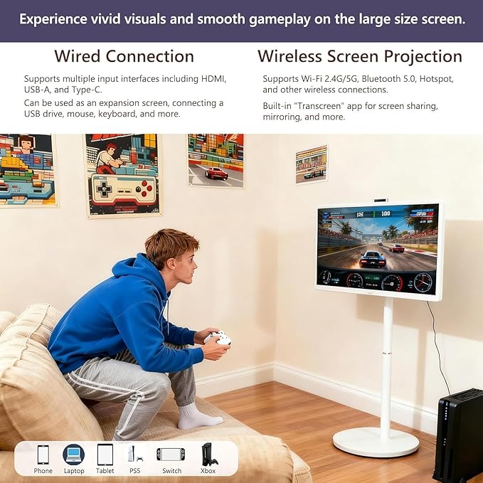 32-Inch Portable Smart TV on Wheels – 1080P Touchscreen Display, Android 15, 8GB RAM + 128GB Storage, Built-in Webcam and Speakers