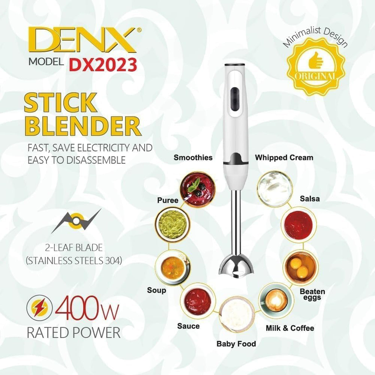 Handheld Stick Blender 400W with 2-Speed Control & Stainless-Steel Blades for Smoothies, Soups, Sauces & Baby Food by DENX