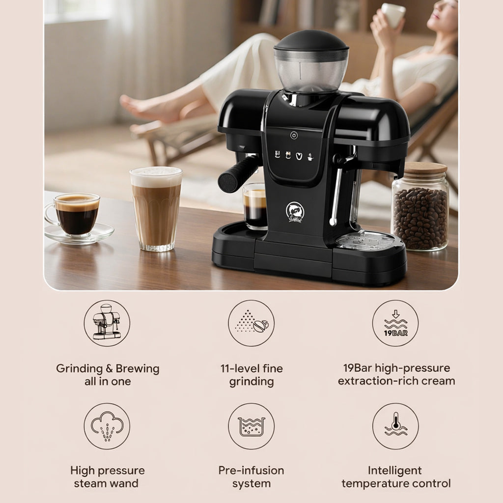 Semi-Automatic Espresso Coffee Maker – Built-in Grinder and Brewer All-in-One, 19 Bar High-Pressure Extraction by iCafilas