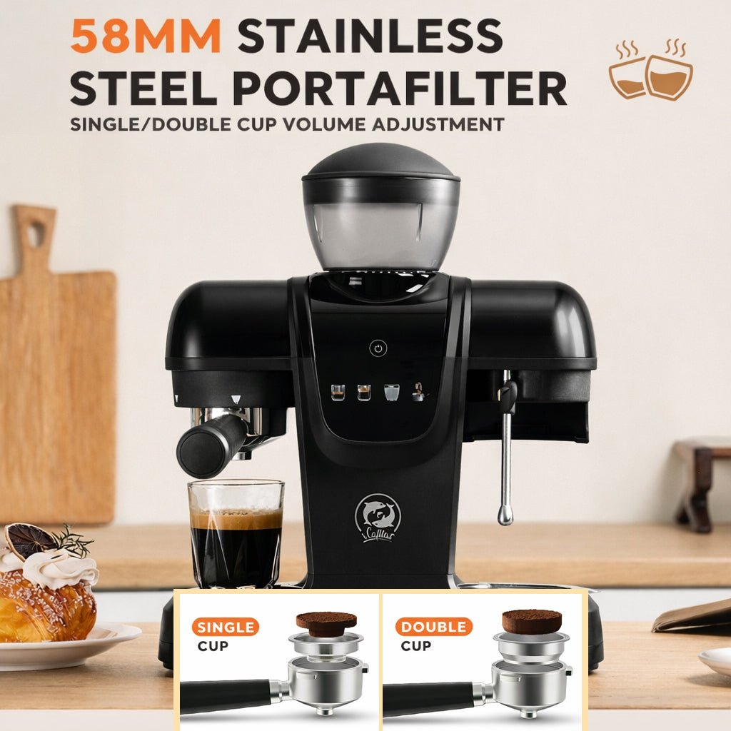 Semi-Automatic Espresso Coffee Maker – Built-in Grinder and Brewer All-in-One, 19 Bar High-Pressure Extraction by iCafilas