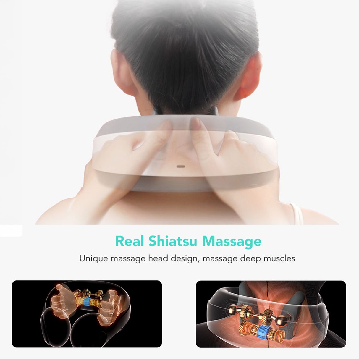 Shiatsu Neck & Shoulder Massager with Heat – Cordless Deep Tissue Relief by SKG, showcasing unique massage head design for deep muscle relief.