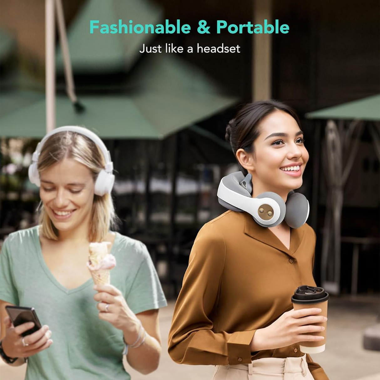 Shiatsu Neck & Shoulder Massager with Heat – Cordless Deep Tissue Relief by SKG being worn outdoors.